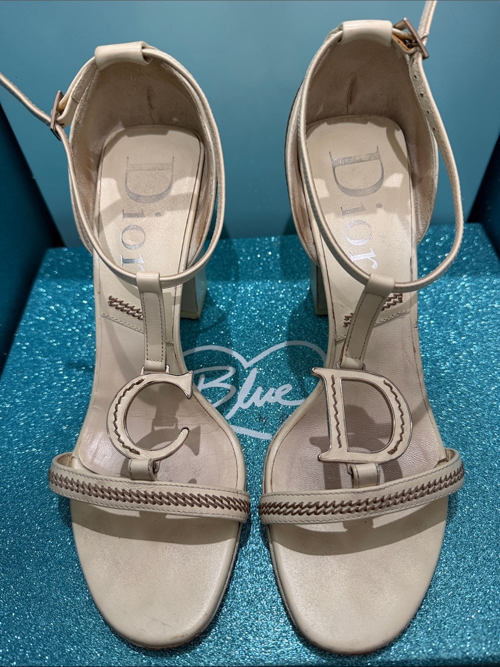 Dior Cream Leather T-Strap Heeled Sandals with CD Medallion